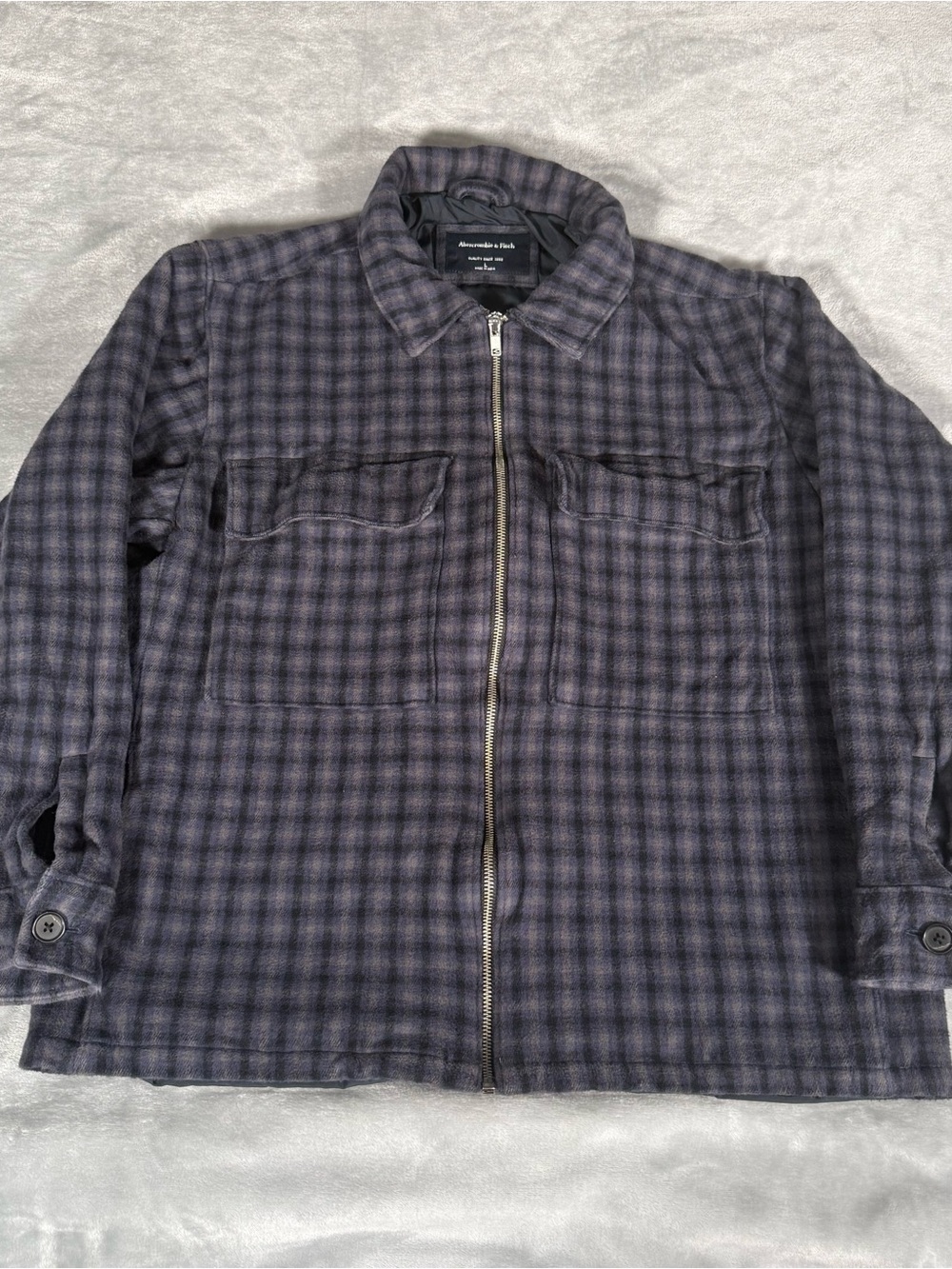 Abercrombie & Fitch Flannel Bomber Jacket Mens L Lined Full Zip Checkered Blue
